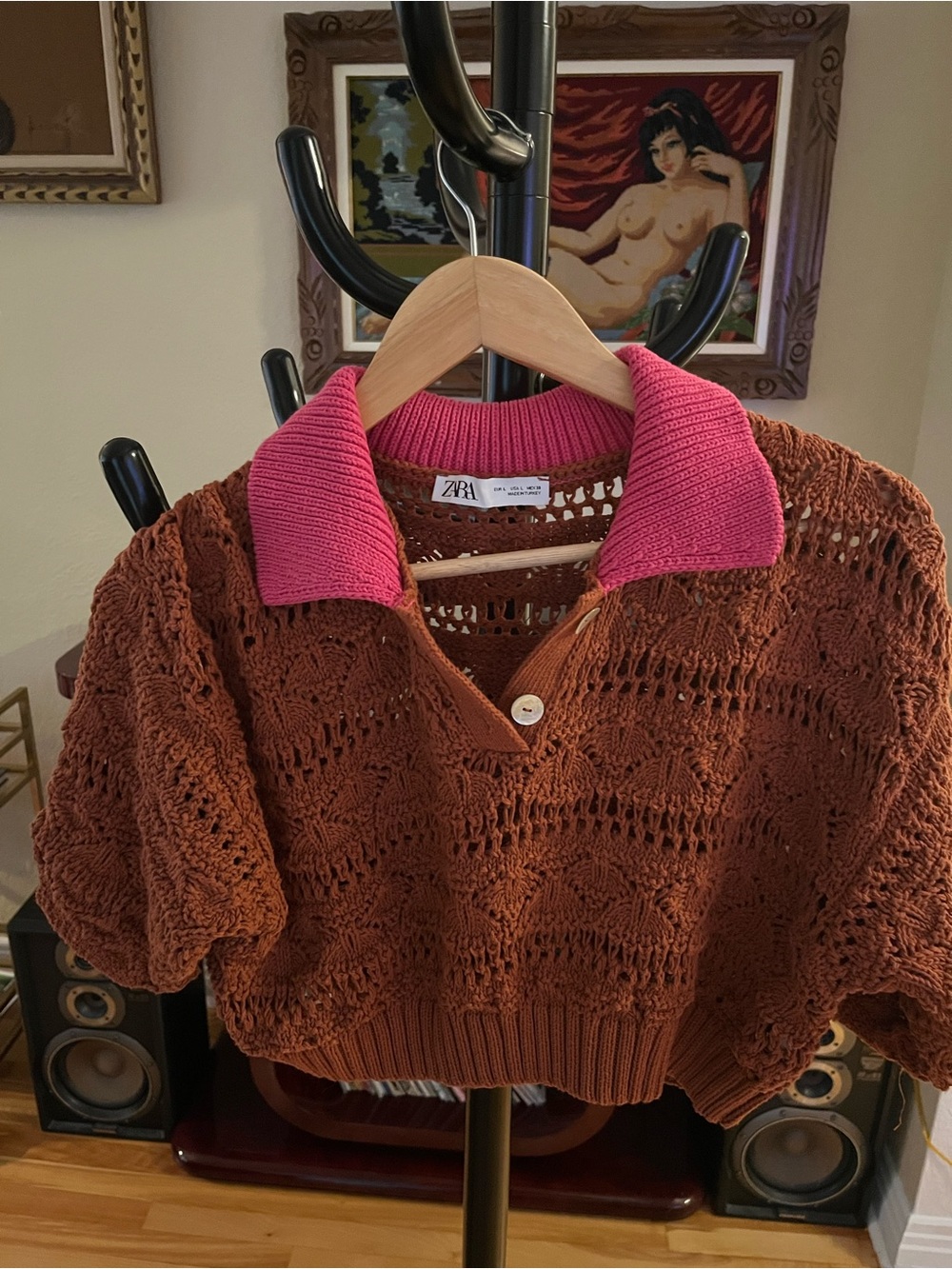 Zara Crochet Polo Sweater in Rust and Fuchsia
